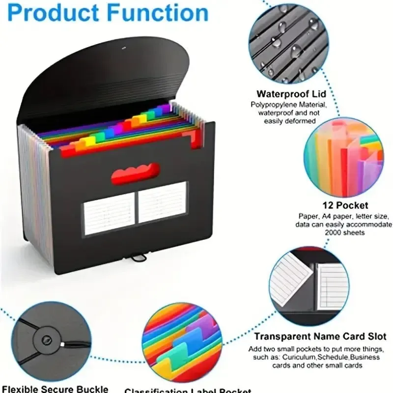 12 Pocket A4 Expanding File Folder Large Capacity Portable Filing Organizer for Classroom and Office