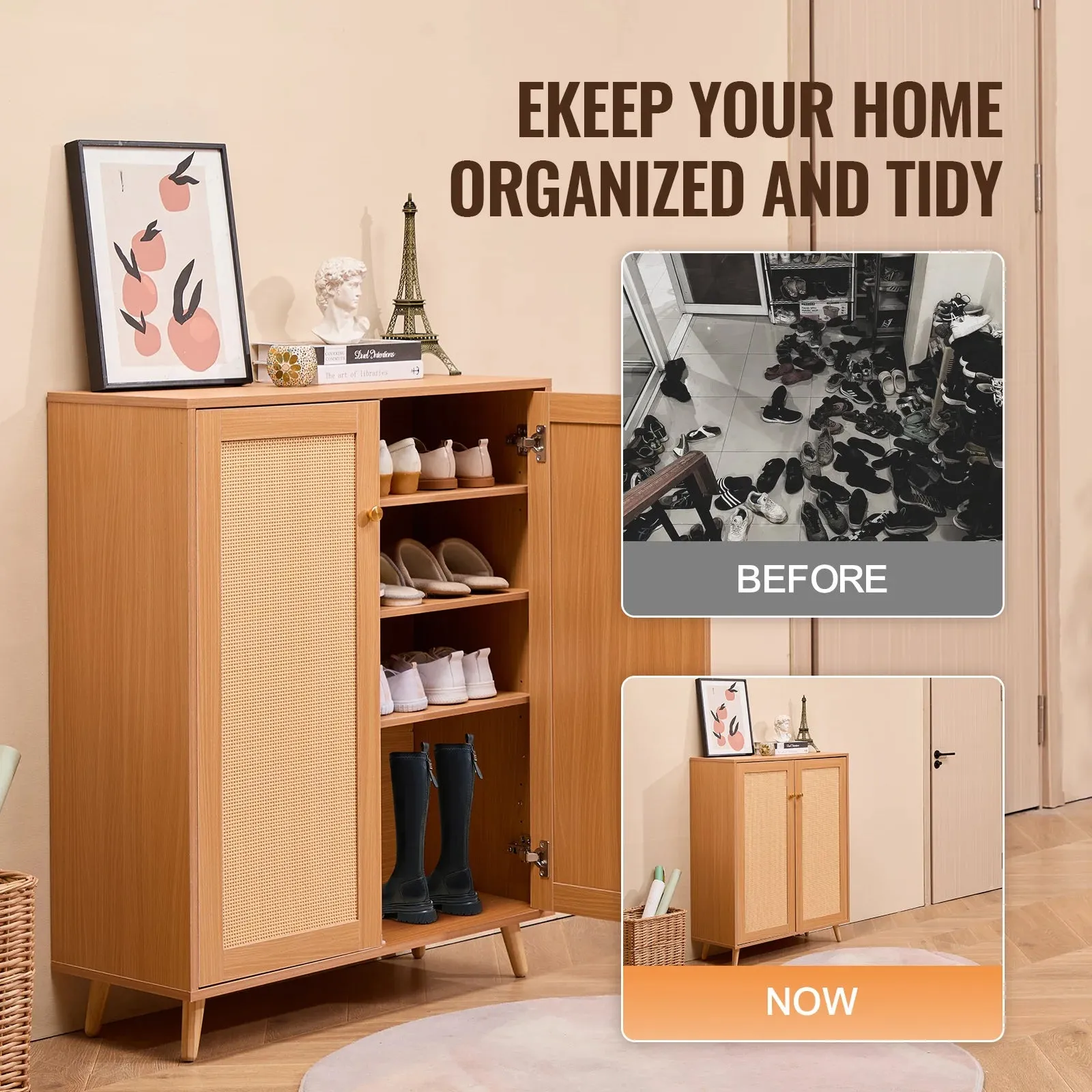 2 Doors Tall Shoe Cabinet With Adjustable Shelves