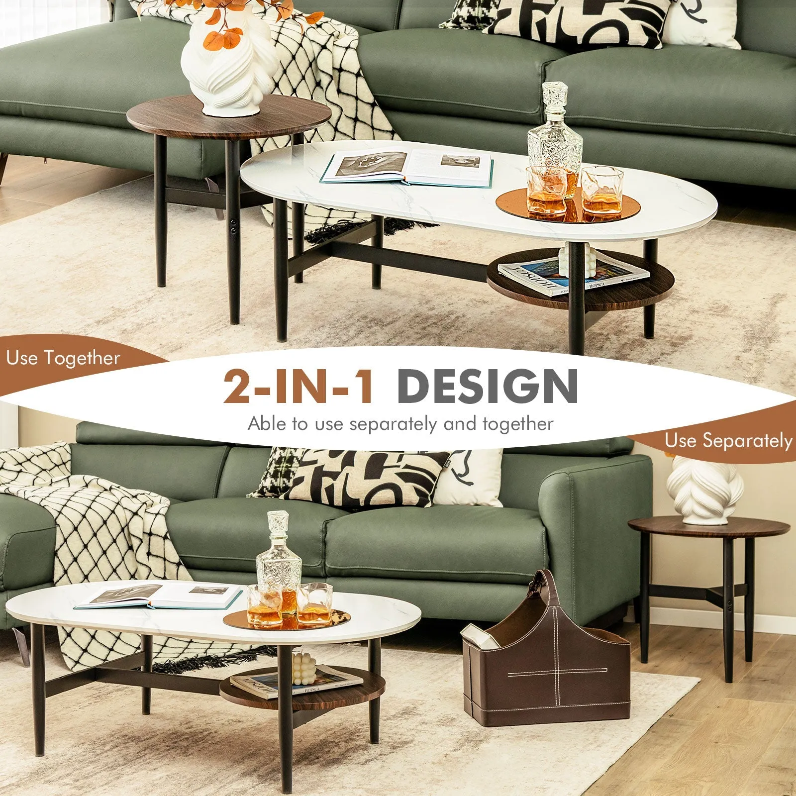 2 Pieces Stacking Coffee Table Set with Faux Marble Top-White