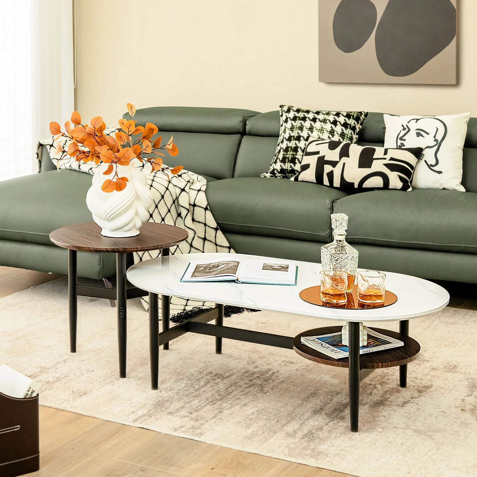 2 Pieces Stacking Coffee Table Set with Faux Marble Top-White