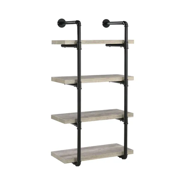 24 Inches 4 Tier Wood and Metal Wall Shelf, Gray and Black By Benzara