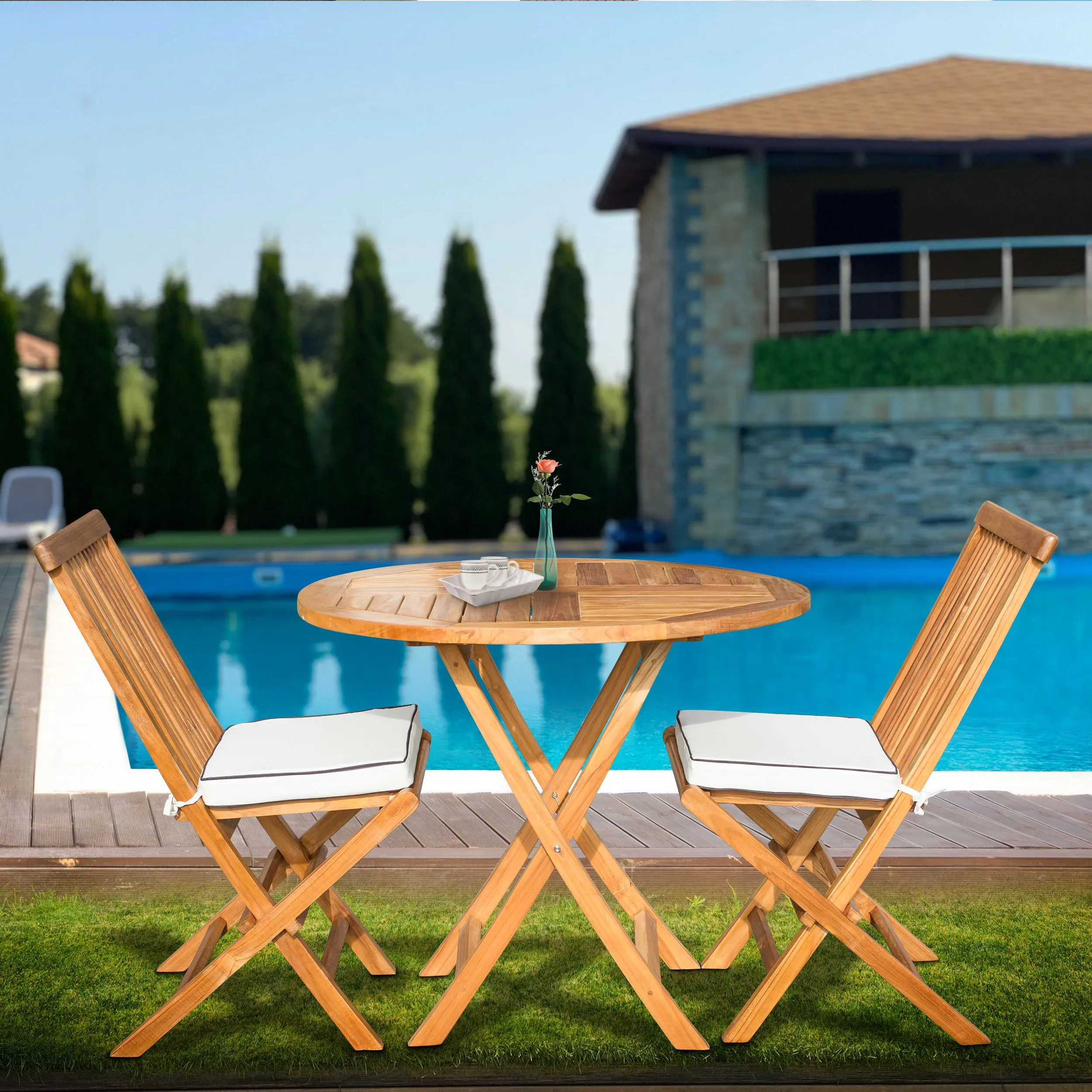 3 Piece Teak Wood California Patio Dining Set, 36" Round Folding Table with 2 Folding Side Chairs