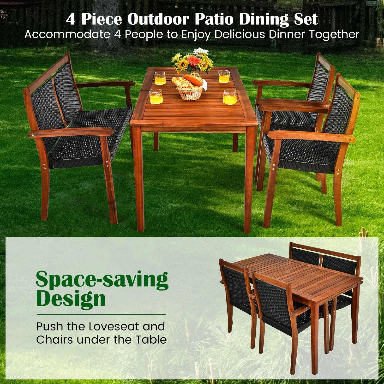 4pc Outdoor Patio Rattan Dining Furniture Set - Brown