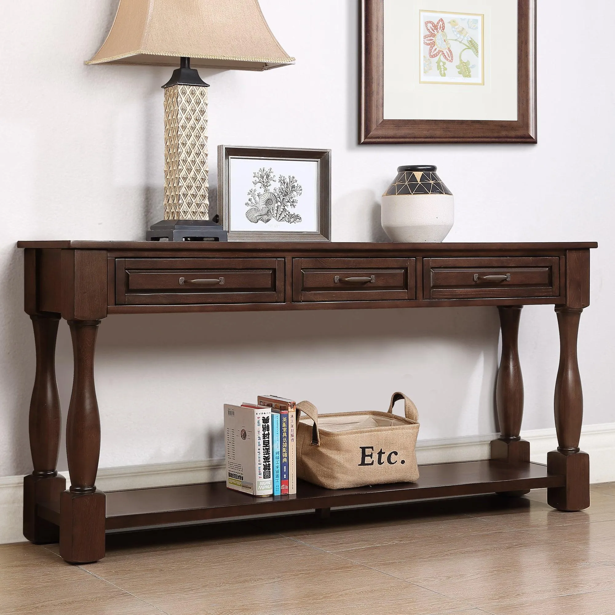 63" Wood Console Table with 3 Drawers and Bottom Shelf, Light Espresso