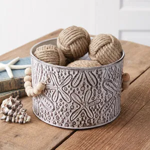 Charming Starfish Metal Bucket with Rustic Wood Bead Handles