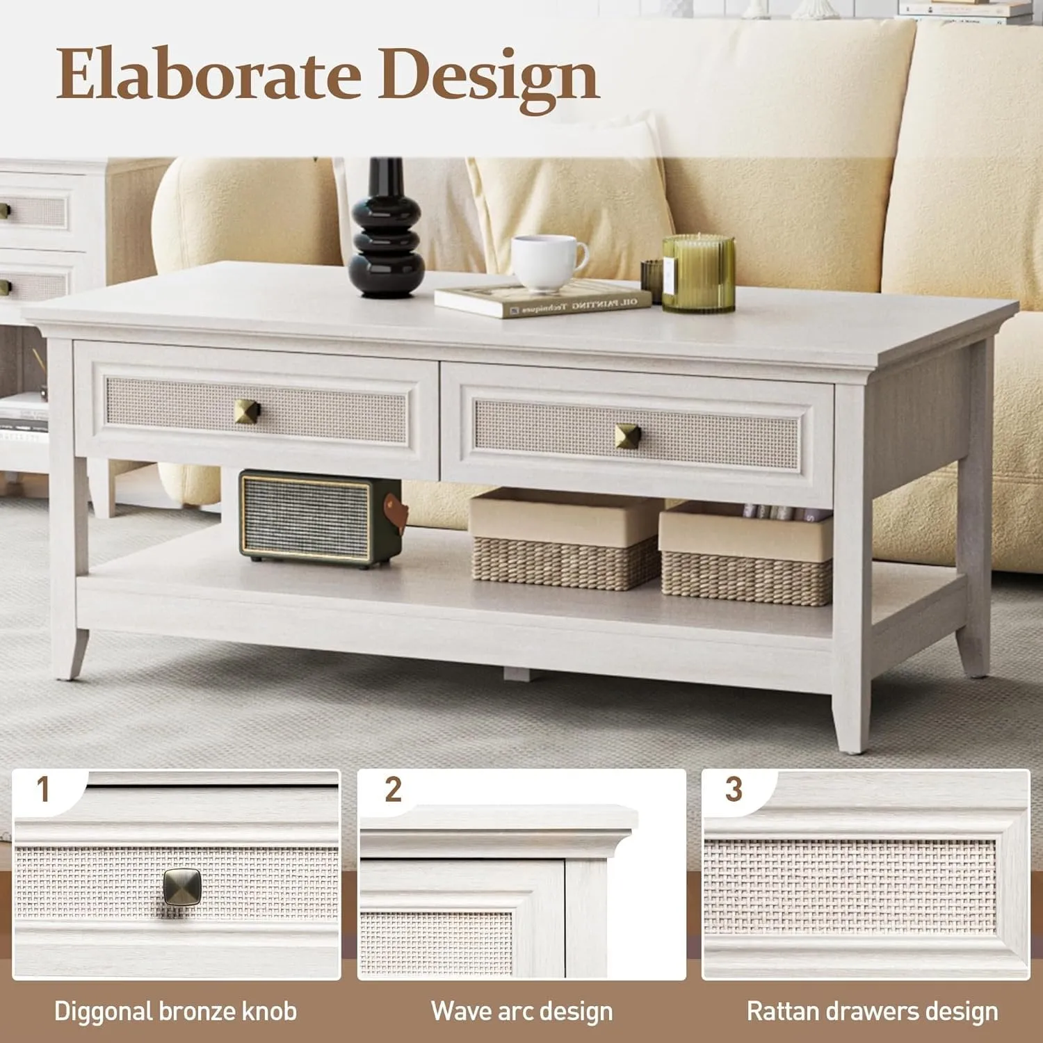 CozyHome 44" Rattan Farmhouse Coffee Table with 2 Drawers, Boho 2 Tier Tea Table, Accent Center Sofa Table with Storage Shelf, Grayish White