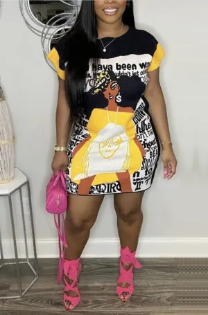 Diva Doll Yellow Crew Neck Short Sleeve Graphic Printed Casual T-Shirt Oversized Mini Dress