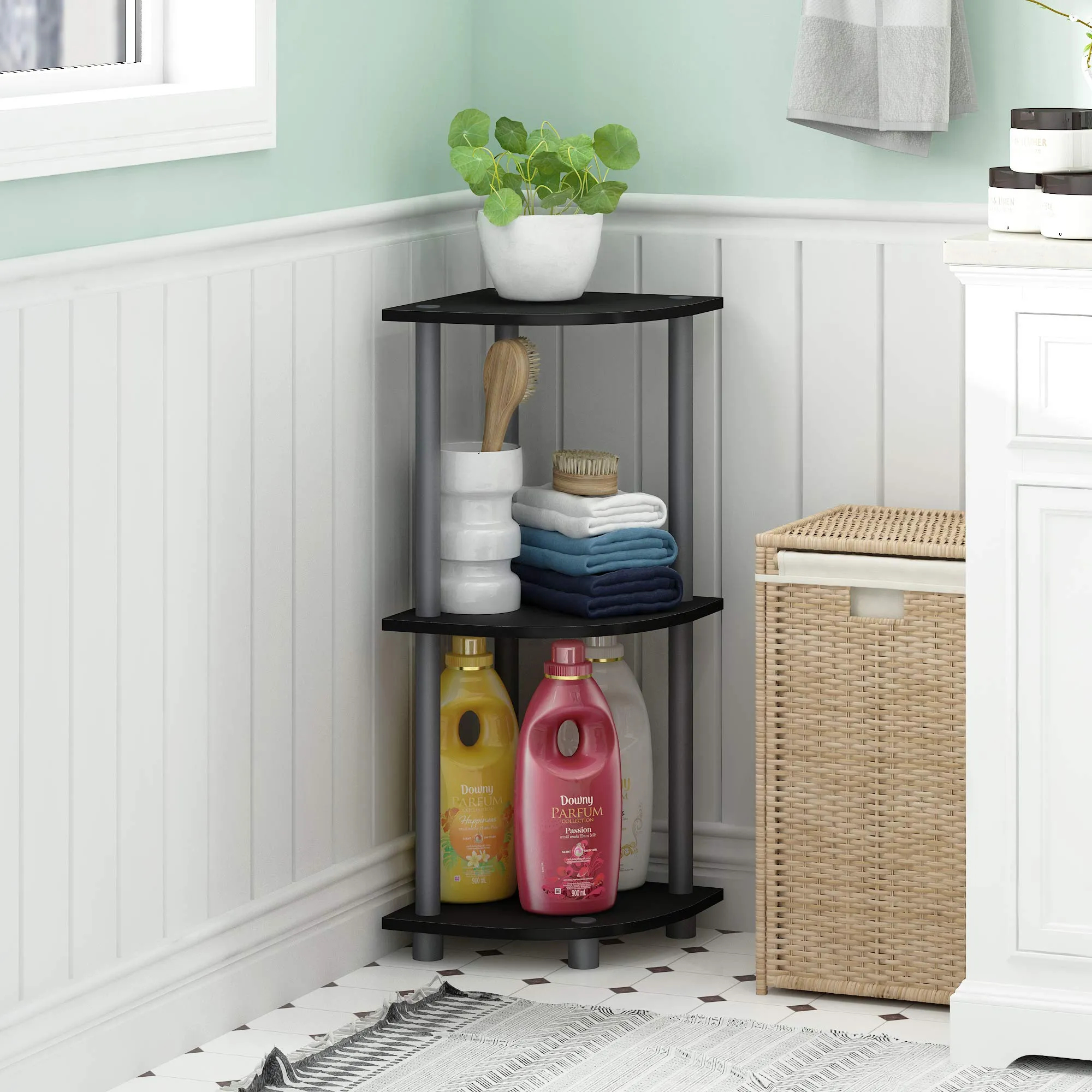 Furinno Turn-N-Tube 3-Tier Corner Display Rack Multipurpose Shelving Unit, Black/Grey (12077BK/GY)