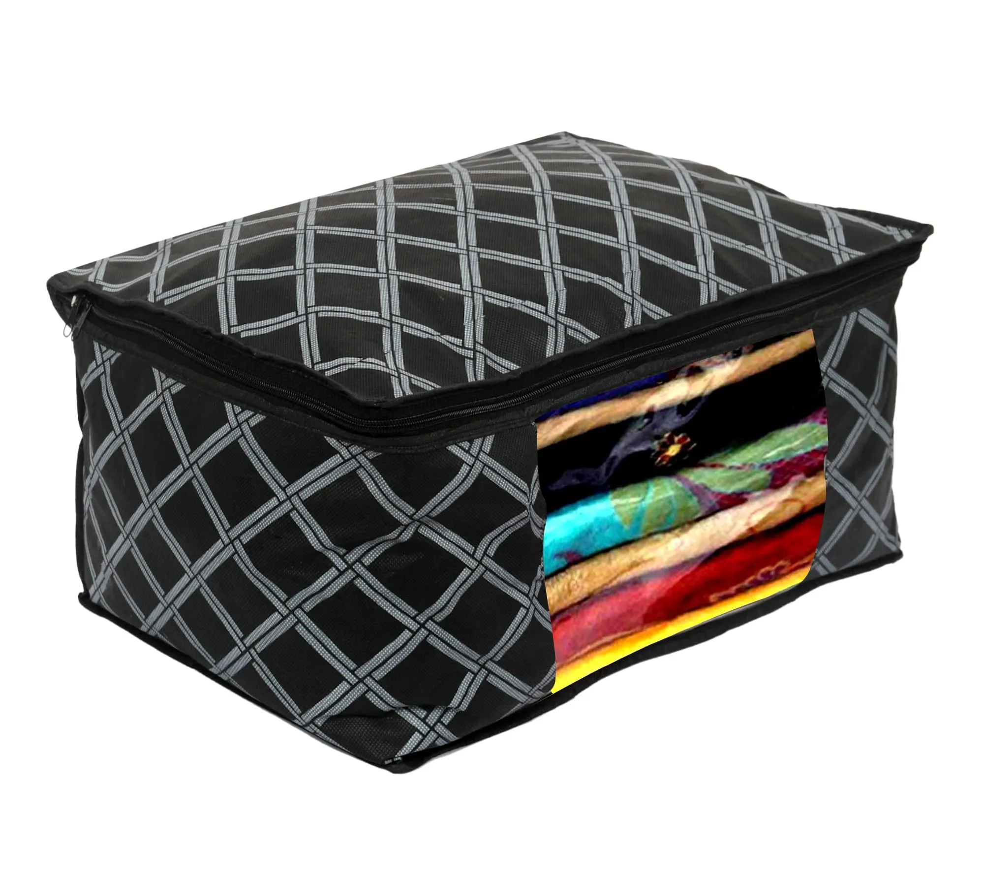 Heart Home Check Print Non-Woven Foldable Saree Cover|Clothes Storage For Saree, Lehenga, Suit With Top Transparent Pack of 12 (Black)