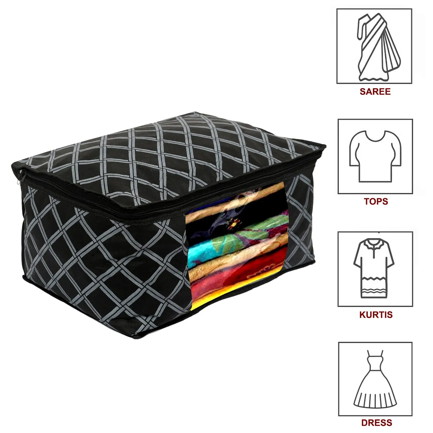 Heart Home Check Print Non-Woven Foldable Saree Cover|Clothes Storage For Saree, Lehenga, Suit With Top Transparent Pack of 12 (Black)