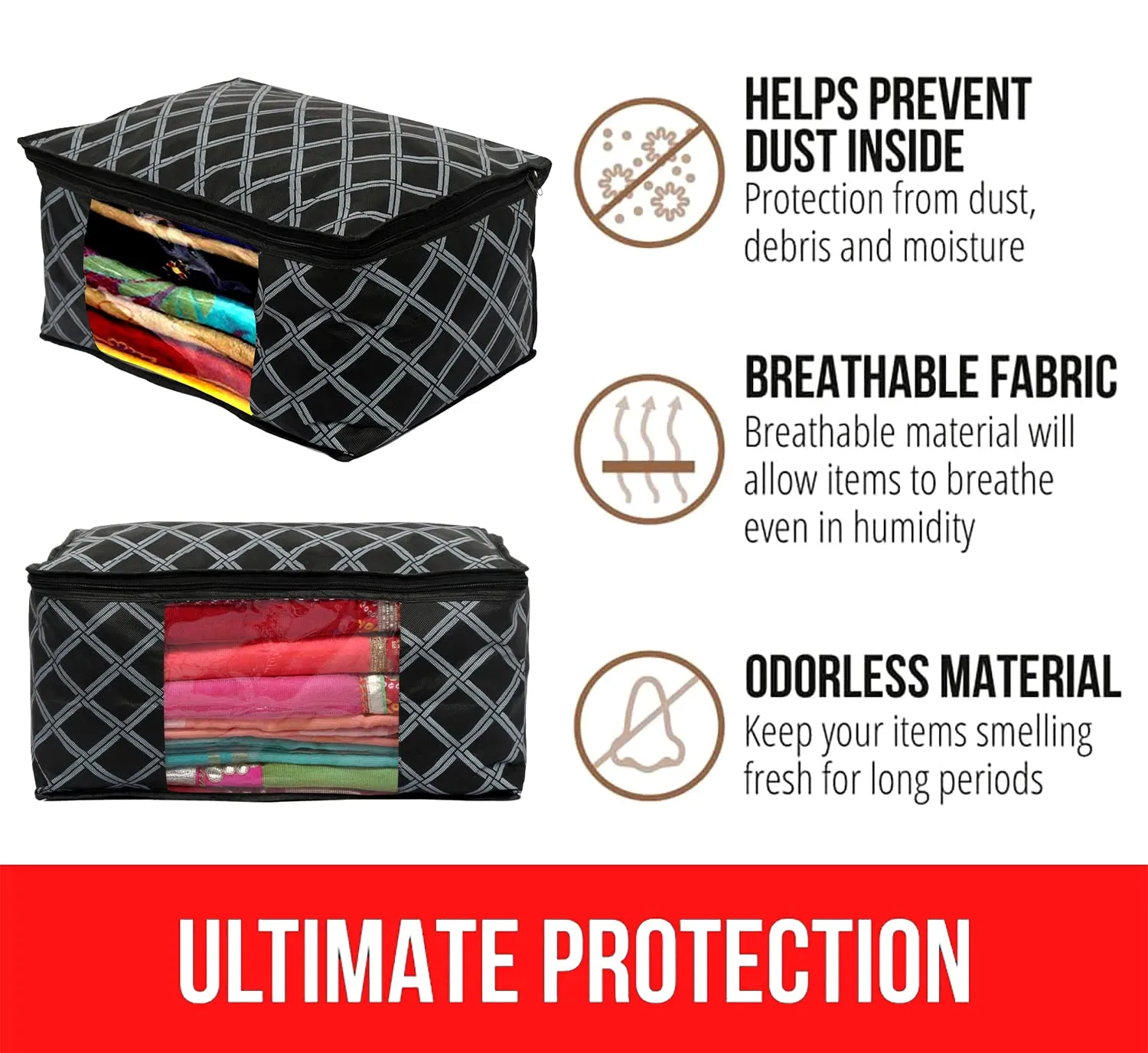 Heart Home Check Print Non-Woven Foldable Saree Cover|Clothes Storage For Saree, Lehenga, Suit With Top Transparent Pack of 12 (Black)
