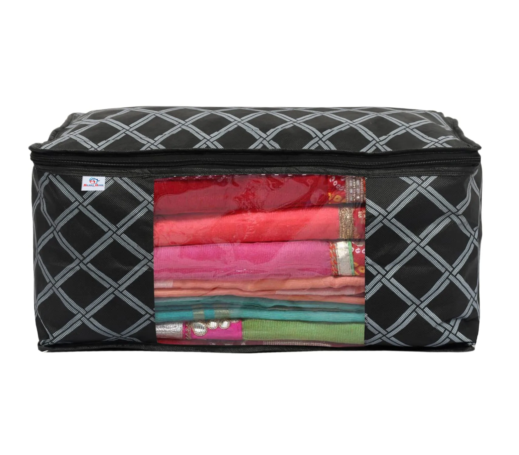 Heart Home Check Print Non-Woven Foldable Saree Cover|Clothes Storage For Saree, Lehenga, Suit With Top Transparent Pack of 12 (Black)