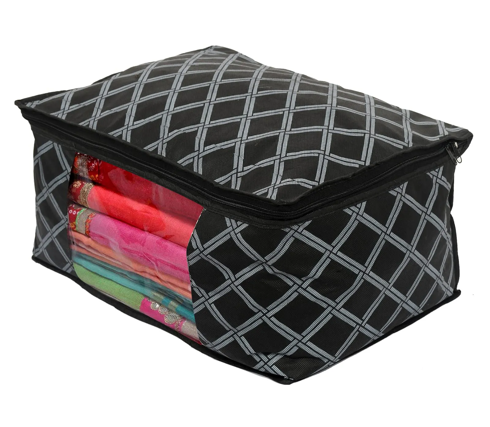 Heart Home Check Print Non-Woven Foldable Saree Cover|Clothes Storage For Saree, Lehenga, Suit With Top Transparent Pack of 12 (Black)