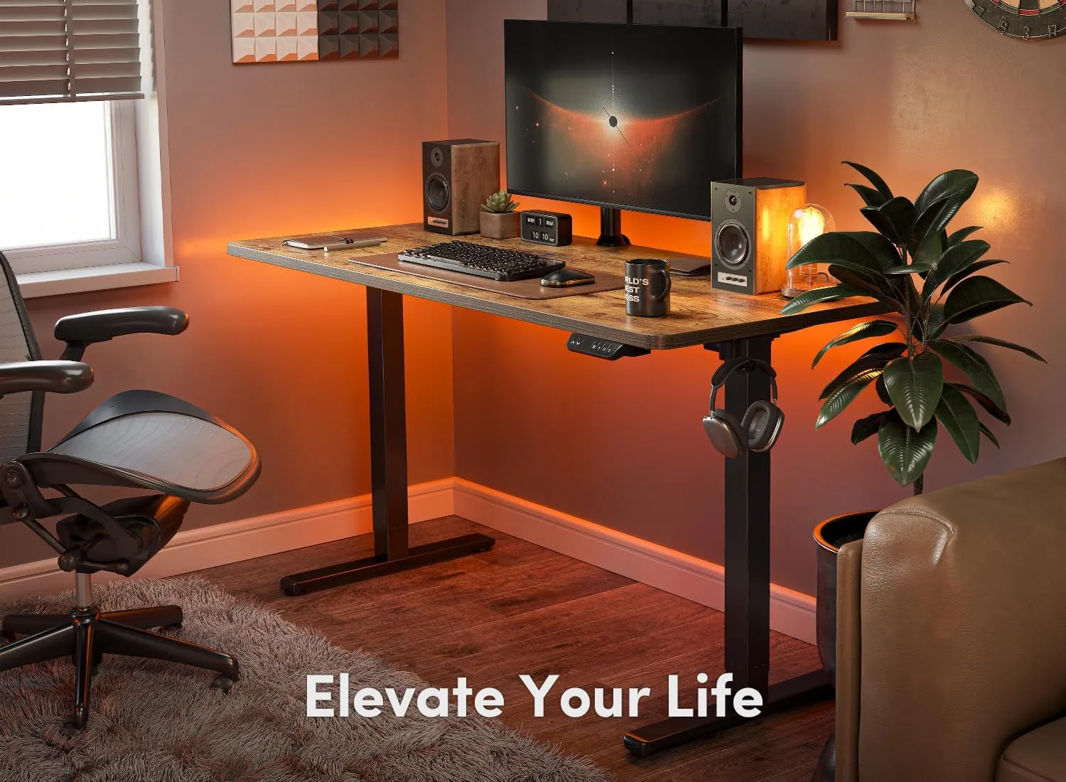 Height Adjustable Electric Standing Desk, 48 X 24 Inches Stand up Table, Sit Stand Home Office Desk with Splice Board, Black Frame/Rustic Brown Top