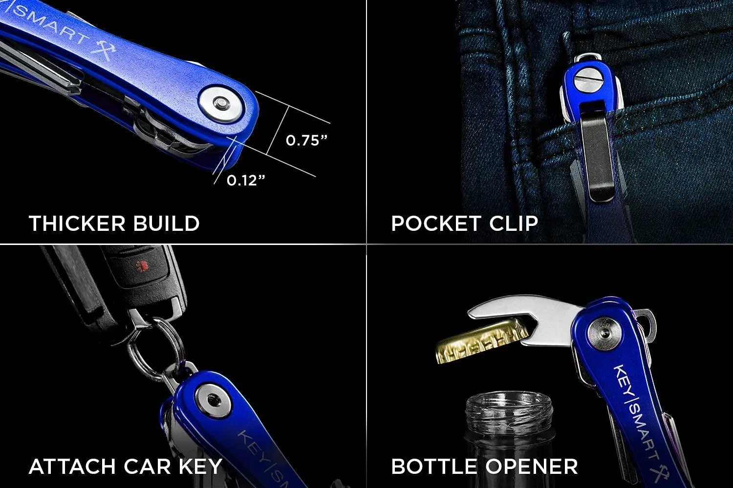 Keysmart Rugged - Multi-Tool Key Holder with Bottle Opener and Pocket Clip (Up to 14 Keys, Blue)