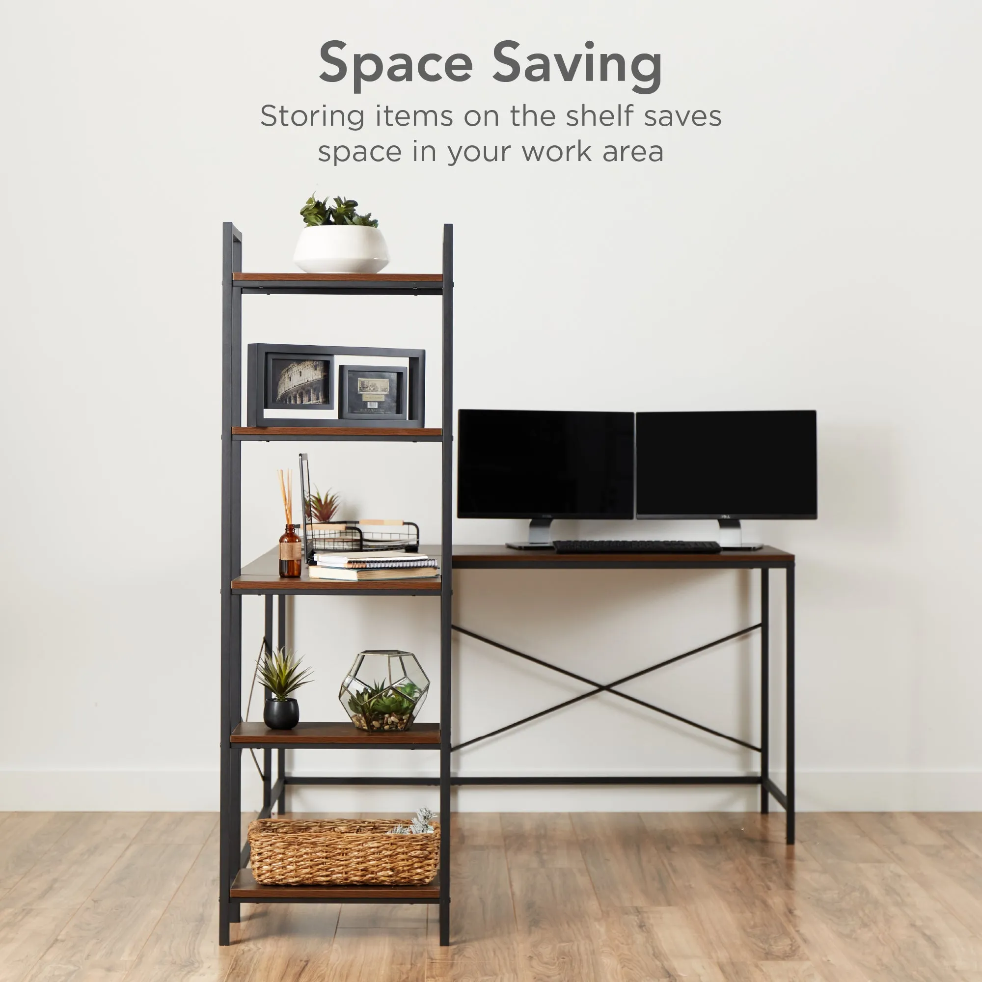 L-Shaped Computer Desk, Study Workstation w/ 5-Tier Open Storage Bookshelf