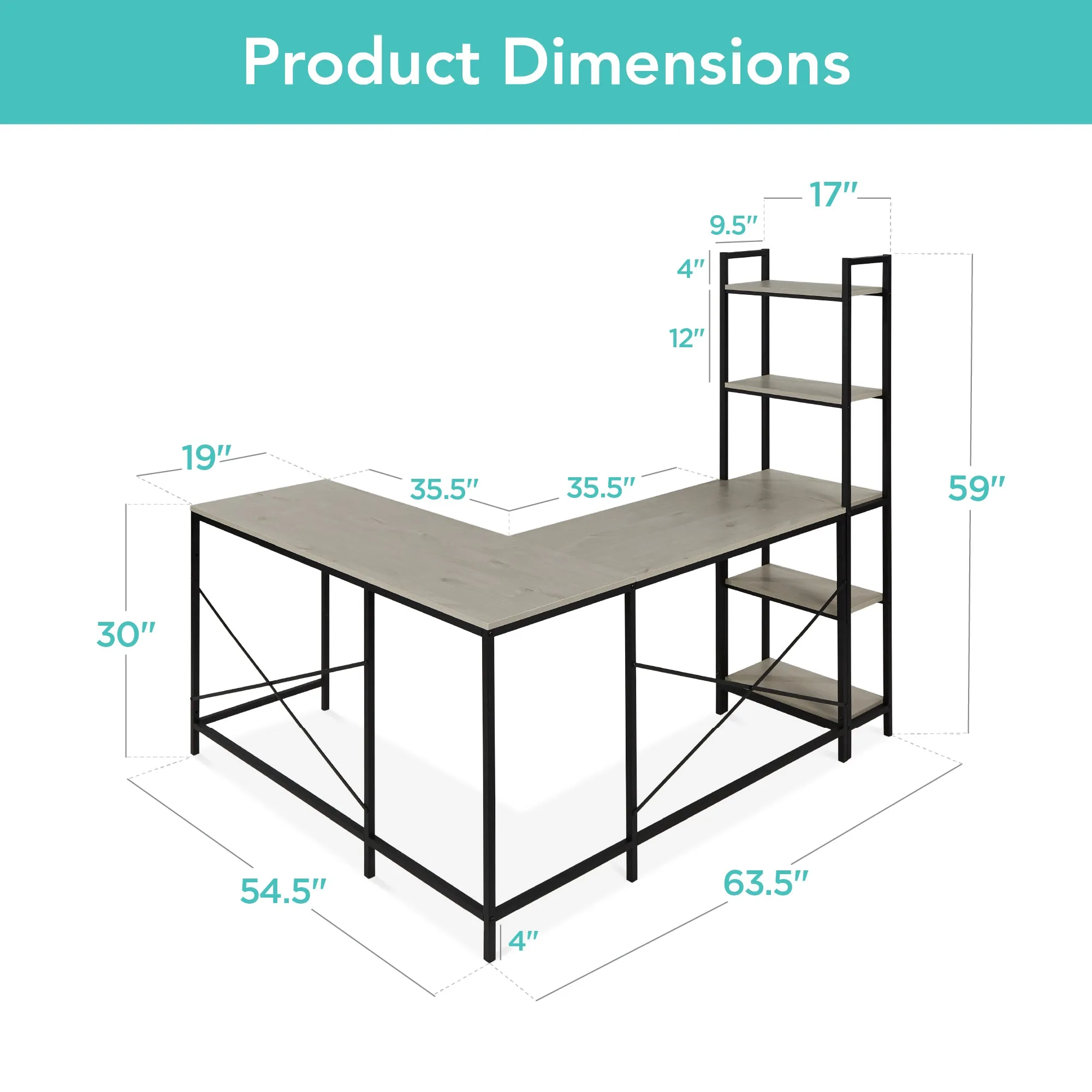 L-Shaped Computer Desk, Study Workstation w/ 5-Tier Open Storage Bookshelf