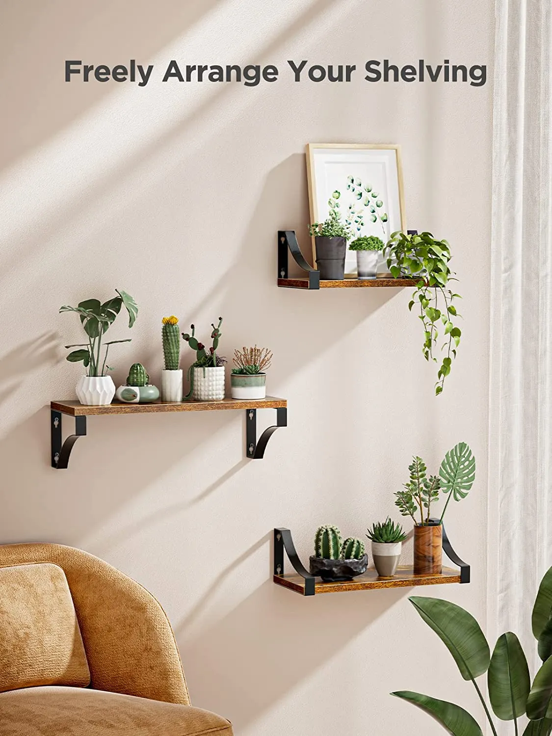 Rustic Wood Floating Shelves Wall Mounted Set of 3-Dark Brown