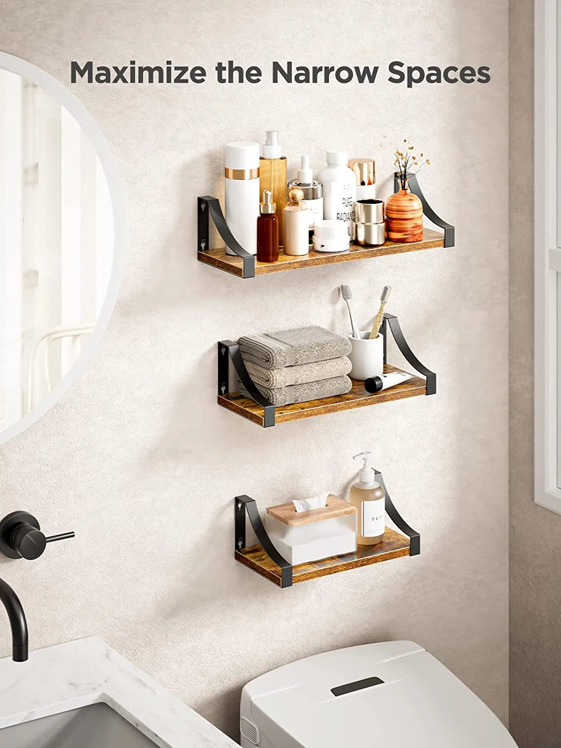 Rustic Wood Floating Shelves Wall Mounted Set of 3-Dark Brown