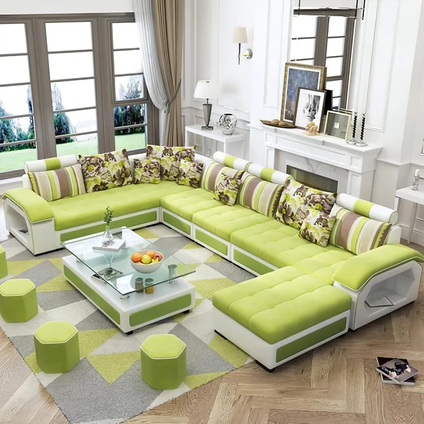 Silvester 12 Seater U Shape Premium Sectional Fabric Sofa Set with 4 Puffy