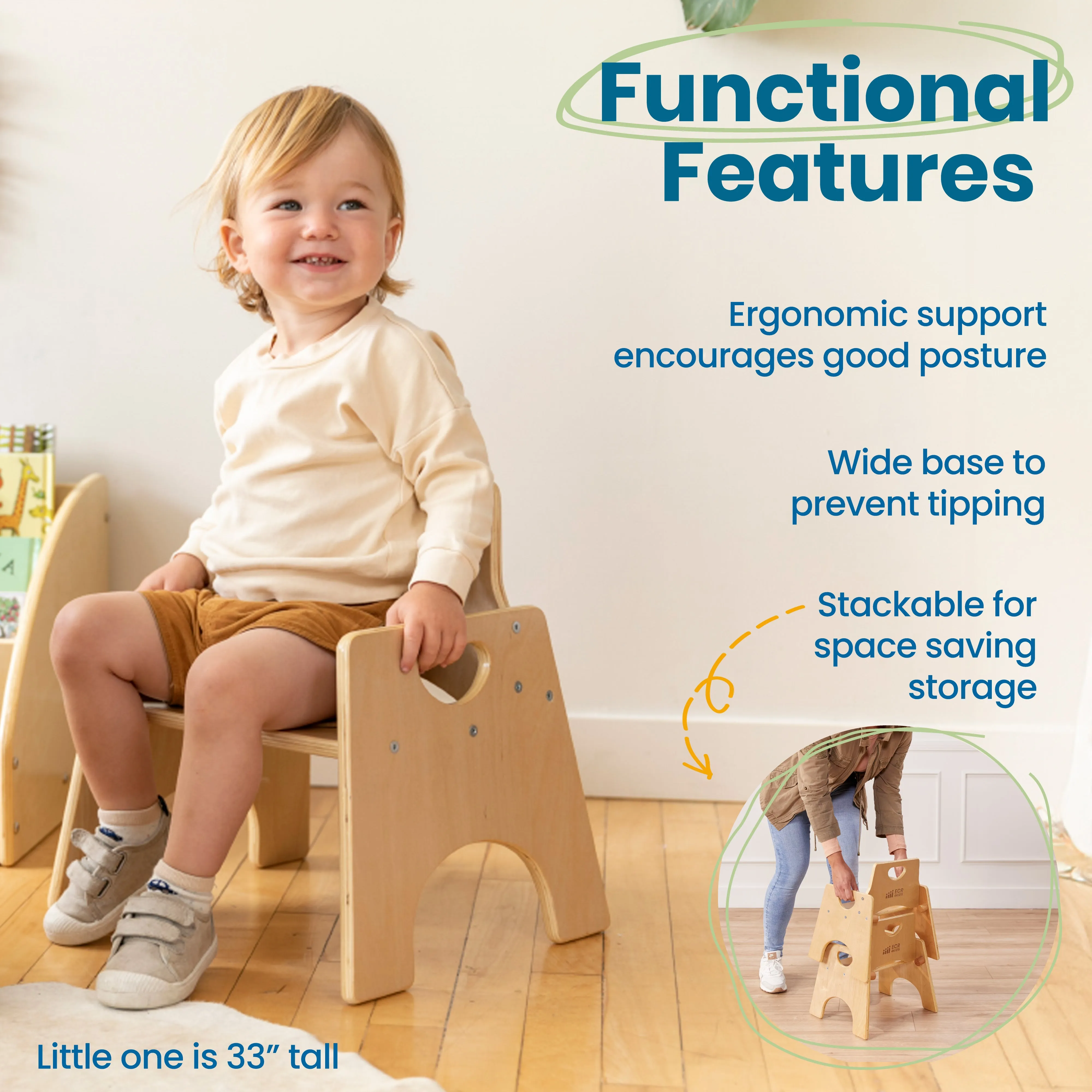 Stackable Wooden Toddler Chair, 8in, Kids Furniture, 2-Pack
