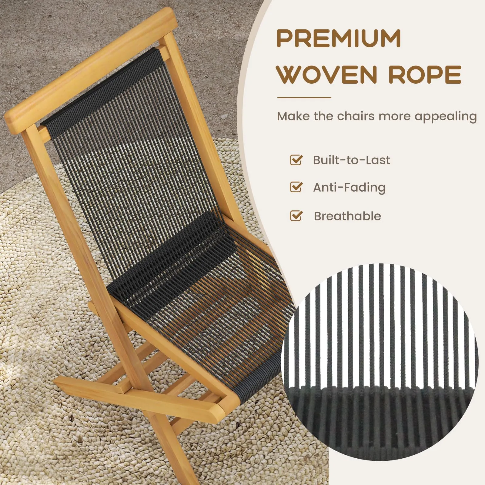 Tangkula 2 Piece Patio Folding Chairs, Solid Teak Wood Dining Chairs with Woven Rope Seat & Back